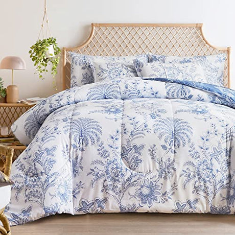 Flysheep Botanical Bed in a Bag Queen Size 7 Pieces, Reversible Blue and White Flower Printed Comforter Bedding Set (1 Comforter, 1 Flat Sheet, 1 Fitted Sheet, 2 Pillow Shams and 2 Pillowcases) Flysheep