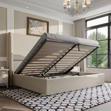 AMERLIFE Lift Up Storage Bed Queen Size Linen Upholstered Platform Bed Frame, Hydraulic Storage,Modern Wingback Headboard, No Box Spring Needed, Khaki AMERLIFE