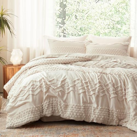 Luxudecor Beige Tufted Comforter Set King Size 3 Pieces Boho Shabby Chic Comforter Farmhouse Embroidery Bed Set Soft Comforter for All Seasons (Beige, 104''x90'') Luxudecor