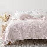 HORIMOTE HOME Pink Ruffled Quilt Queen Size, Stone-Washed Microfiber Lightweight Crinkled Farmhouse Rustic Shabby Chic Bedding Set, 3 Pieces Reversible Bedspread with Pillow Shams for All Season HORIMOTE HOME