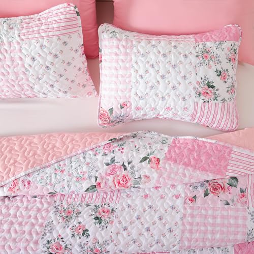 YIKUSH Quilt Sets Queen Size Floral Quilt Set 3 Pieces Bedding Set Bedspreads Pink Comforter Blanket with 2 Pillow Cases- Ultra Soft Floral Coverlet with Printed Pattern 90in.x 90in YIKUSH