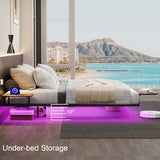 Bigu Floating Bed Frame King with Bedside Tables, Charging Station and LED Lights Metal Platform U.S. Standard, Black Bigu