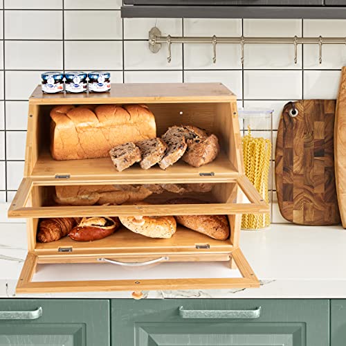 MAISONPEX Double Layer Bamboo Bread Box for Kitchen Countertop, Cutting Board, and Stainless Steel Bread Knife, Large Capacity Storage Container with Clear Windows (Self-Assembly)