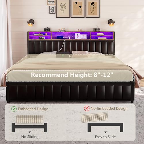 Alohappy King Size Upholstered Bed Frame with 4 Storage Drawers, LED Headboard & USB Charging Station Alohappy
