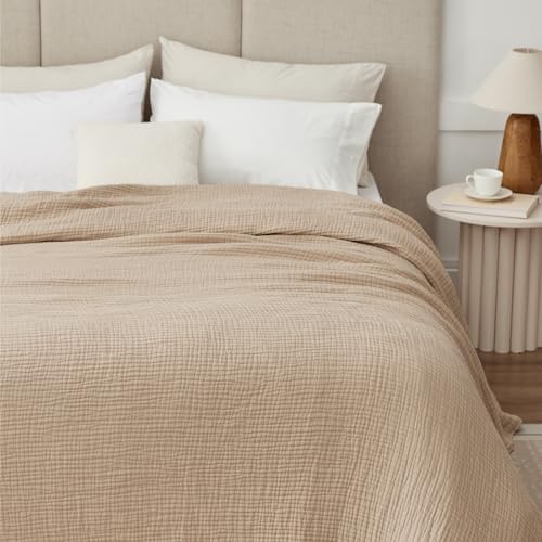 100% Cotton Muslin Blanket Queen 90" x 90", 6 Layers Breathable and Lightweight Cotton Throw Blanket for Bed, Soft Quilt Bedspread Coverlet, Gauze Blanket for Adults All Season, Beige Linen, Oatmeal Kozyhvn