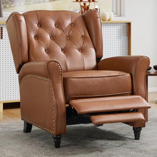 CANMOV Genuine Leather Recliner Chair, Push Back Recliner with Rivet Decoration and Tufted Back, Mid Century Wingback Accent Chair for Living Room, Bedroom, Office, Brown