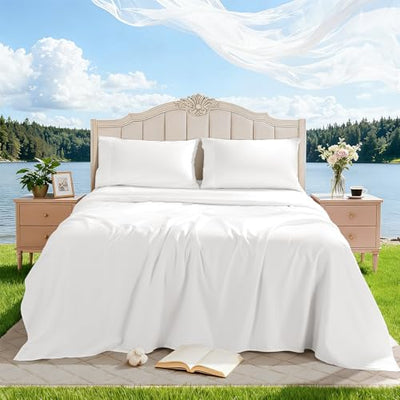 REDASW 100% Egyptian Cotton Sheet Set 4 Pcs Queen Size Sheets 1000 Thread Count Breathable Soft Bedding Set Fitted Sheet with 16" Deep Pocket (Queen, White)