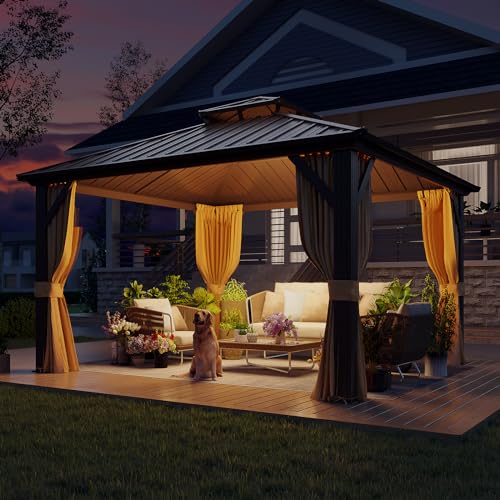 YOLENY 10' x 10' Hardtop Gazebo, Metal Gazebo with Aluminum Frame, Double Galvanized Steel Roof, Curtains and Netting Included, Pergolas for Patios, Garden, Parties, Lawns - WoodArtSupply