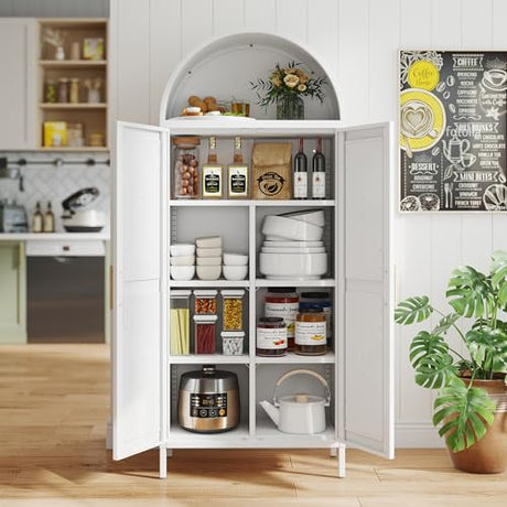 JAORD Metal Arched Kitchen Pantry Cabinet with 4 Adjustable Shelves, Farmhouse Arched Cabinet with 2 Doors for Kitchen,Bedroom,Living Room,White, Assemble Required,13.8" D x 27.6" W x 66.9" H JAORD