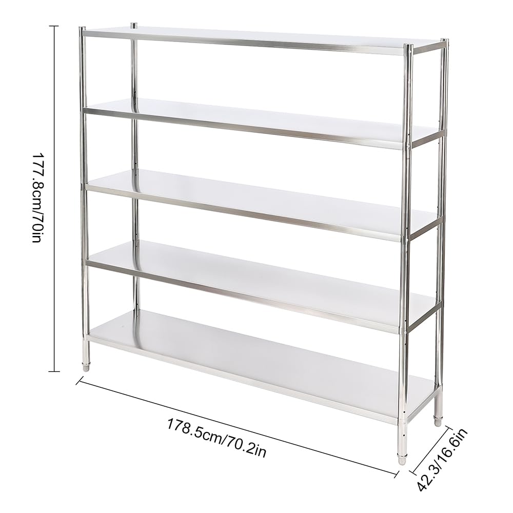 DYNAMI 5-Tier Stainless Steel Shelving, Adjustable Height Stainless Steel Storage Shelf Industrial Storage Rack,Load 330lb Per Shelf,for Kitchen Office Garage (5-Tier,70.2in W x 16.6in D x 70in H) DYNAMI