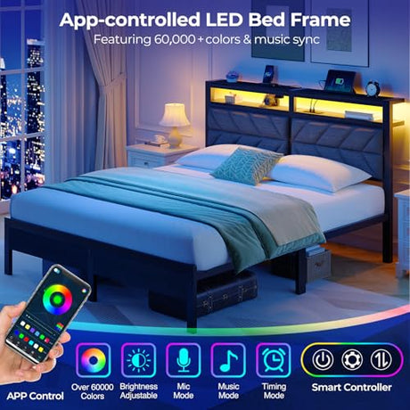 Seventable Full Size Bed Frame with Charging Station & LED Lights, Upholstered Headboard with Storage Shelves, Metal Platform with Under Bed Storage, No Box Spring Needed, Easy Assembly, Dark Grey Seventable