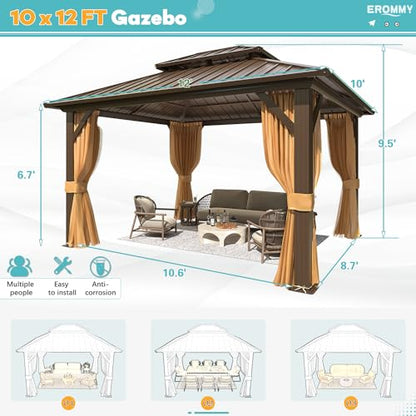 EROMMY 10' x 12' Hardtop Gazebo, Galvanized Steel Double Roof Gazebo with Aluminum Frame, Permanent Outdoor Metal Pavilion with Curtain and Netting for Patio, Lawn and Garden - WoodArtSupply