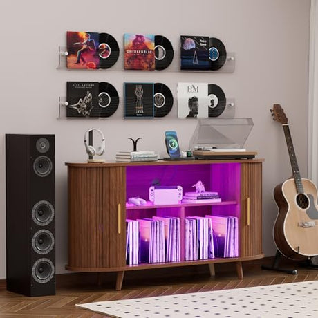 YKVIQBY Large Record Player Stand with LED Lights, Vinyl Record Storage with Charging Station & USB Ports, Record Player Cabinet for Living Room(Natural, 55in) (Walnut, 55in) YKVIQBY