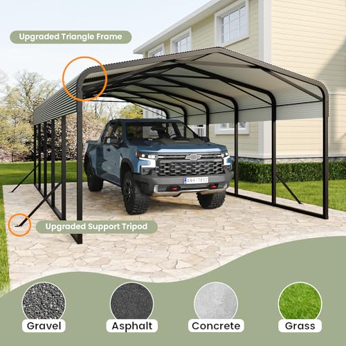 Unovivy 15x25 FT Metal Carport, Large Outdoor Heavy Duty Carport with Galvanized Steel Roof and 4 Support Feet, Spacious Vehicle Shelter for Cars, Boats, RVs, and Outdoor Equipment Unovivy
