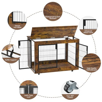 EasyCom Dog Crate Furniture, Extra Large Dog Kennel Indoor with Top-Access Teasing/Feeding Door, Spacious Dog House Moveable Furniture-Style Dog Cage with Wheels Double Doors - WoodArtSupply