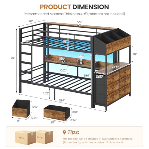 DICTAC Twin Over Twin Bunk Bed with 6 Storage Drawers,Led Lights and Charging Station Metal Bunk Beds with Side Bookcase,3 Storage Boxes &Shelf,L-Shaped bunk Bed with Safety Guardrail and Ladder,Black DICTAC
