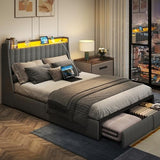 SADENICEL Full Size Bed Frame with Headboard and 2 Storage Drawers, Metal Full Bed Frame Platform with LED Light, Charging Station, No Box Spring Needed, Noise Free, Easy Assembly, Grey SADENICEL
