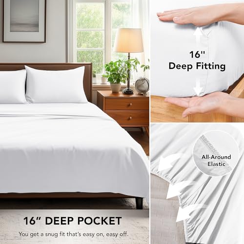 Deconovo Queen Sheet Set–4Piece Brushed Microfiber Bedding with Deep 16 inch Pocket,Soft & Long-Lasting Sheets,All‑Around Elastic Fitted,Machine Washable–1 Flat,1 Fitted,2 Pillowcases,White Deconovo