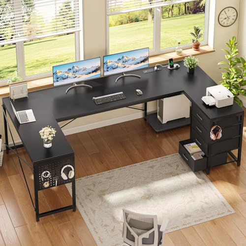 SEDETA 67" U Shaped Desk with 4 Fabric Drawers, Reversible Corner Computer Desk with Power Outlet & CPU Shelf, L Shaped Office Desk with Pegboard for Home Office, Black SEDETA