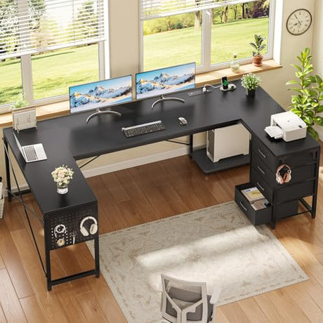 SEDETA 67" U Shaped Desk with 4 Fabric Drawers, Reversible Corner Computer Desk with Power Outlet & CPU Shelf, L Shaped Office Desk with Pegboard for Home Office, Black SEDETA
