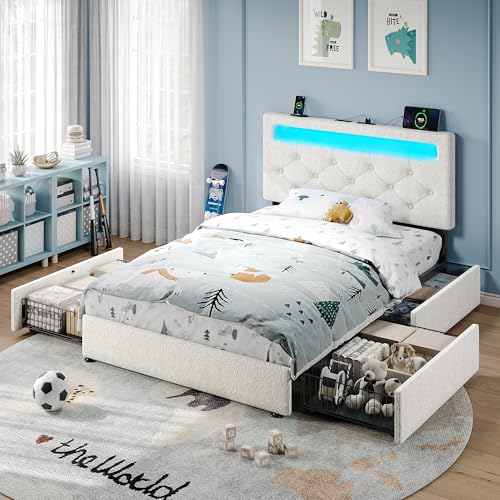 Rolanstar Twin Bed Frame with 4 Storage Drawers and Charging Station,Twin Bed with Led Lights, 2 USB & 1 Type C, Adjustable Headboard 38.9/40.8 Inches, No Box Spring Needed, White Rolanstar