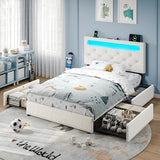Rolanstar Twin Bed Frame with 4 Storage Drawers and Charging Station,Twin Bed with Led Lights, 2 USB & 1 Type C, Adjustable Headboard 38.9/40.8 Inches, No Box Spring Needed, White Rolanstar