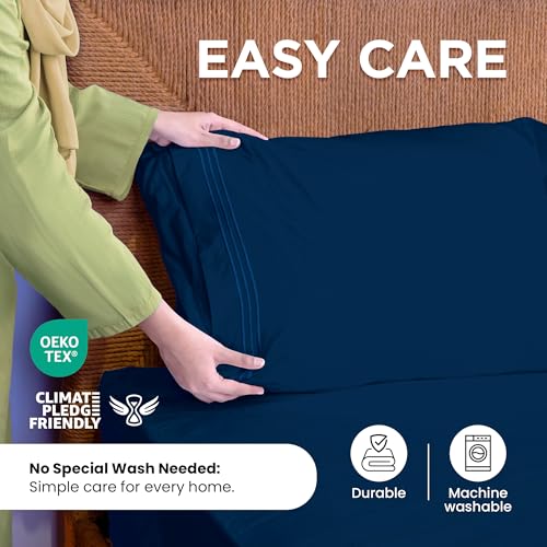 ROYALE LINENS 3 Piece Twin Sheets Set - Soft Brushed 1800 Microfiber Bedding - 1 Fitted and 1 Flat Sheet, 1 Pillow case - Wrinkle Free & Fade Resistant - Hotel Luxury Bed Sheets Set (Navy, Twin) ROYALE LINENS