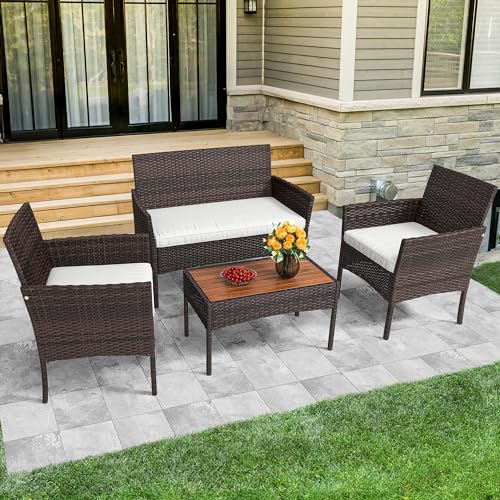 YITAHOME 4-Piece Patio Bistro Set, All-Weather Outdoor Patio Furniture Rattan Wicker Loveseat Conversation Set with Wooden Side Table and Soft Cushions, Brown+Beige - WoodArtSupply