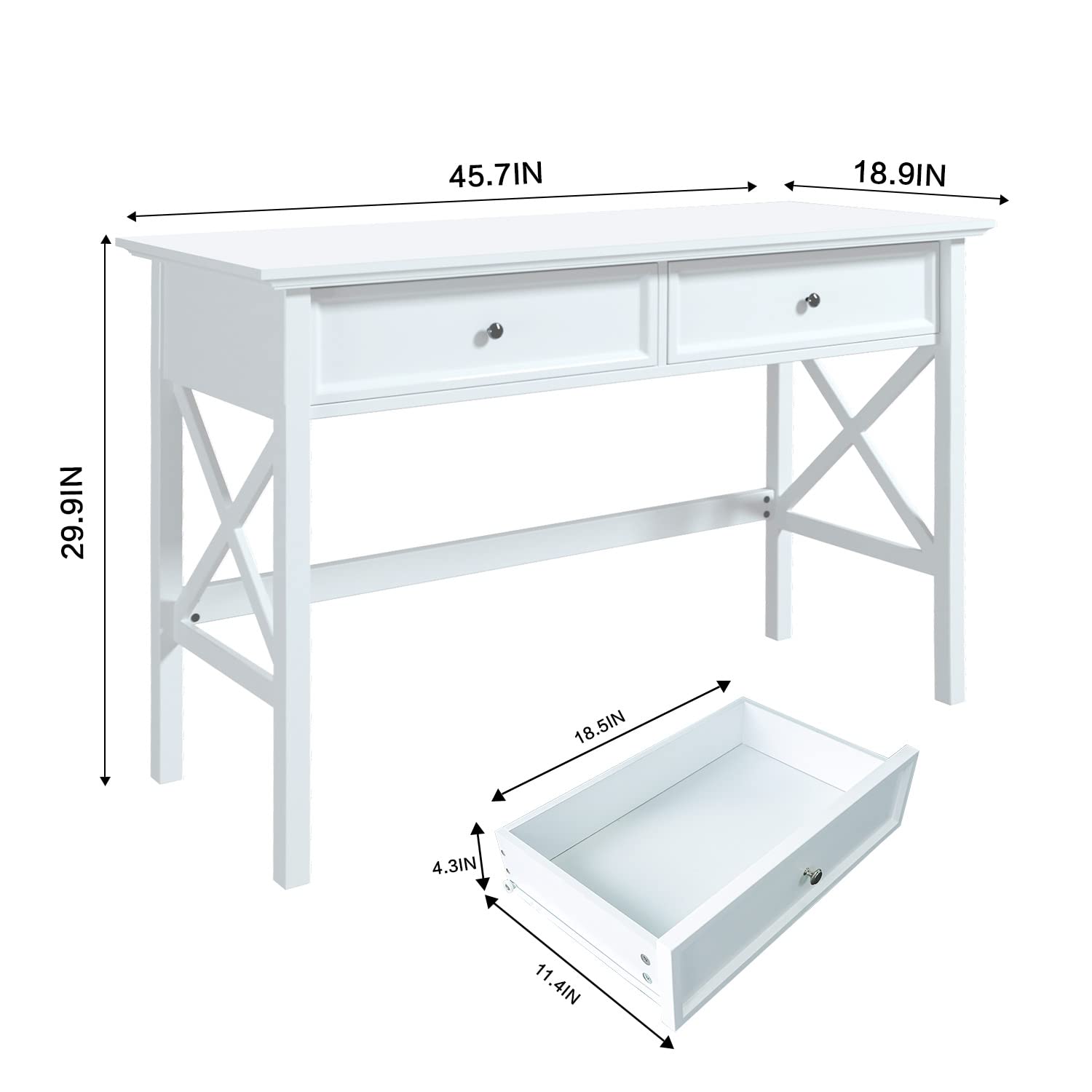 White Computer Desk with 2 Drawers, Modern Makeup Vanity Desk with Storage, Writing Desk for Home Office, 42'' Long Study Simple White Desk for Bedroom Console Table Living Room - WoodArtSupply