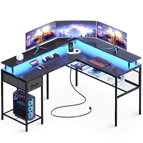 Huuger L Shaped Gaming Desk with LED Lights, Power Outlets & Storage Shelves in Black - WoodArtSupply