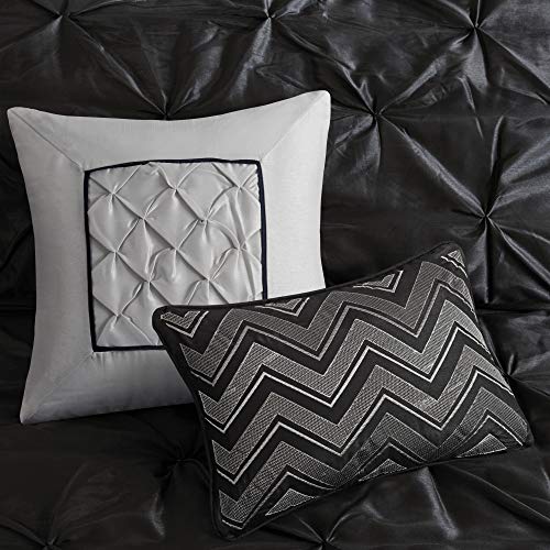 Madison Park Laurel Queen Size Bed Comforter Set Bed In A Bag - Black , Wrinkle Tufted Pleated – 7 Pieces Bedding Sets – Faux Silk Bedroom Comforters Madison Park