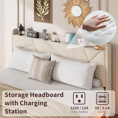 GarveeHome King Floating Bed Frame with LED Lights & Charging Station, Upholstered Platform Beds with Storage Headboard & Folding Shelves Storage, Metal Slats Support, No Box Spring Needed, Beige GarveeHome