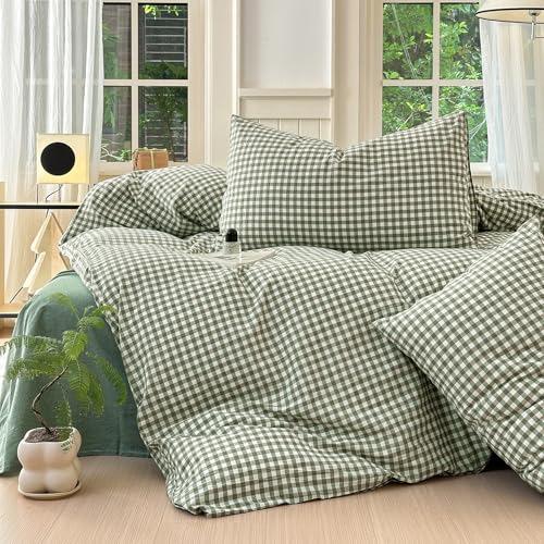 LifeTB Green Gingham Comforter Set Full Size Boho Plaid Checkered Pattern Comforter Geometric Grid Plaid Printed Bedding Comforter Set with 2 Pillowcases Fluffy Soft Gingham Bedding Set Full Size LifeTB