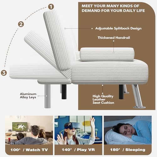 Homall Futon Sofa Bed, Futon Couch with Removable Armrests, Adjustable Recliner Sleeper Sofa Bed with Dual Cup Holders for Living Room, Apartment, Office (Corduroy, White) Homall