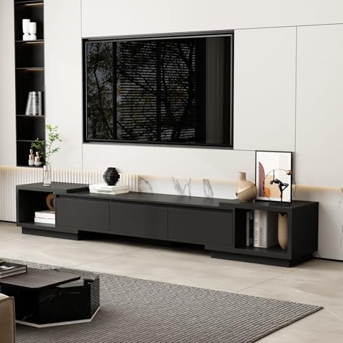 Timechee Black TV Stands for Living Room, Extendable Under TV Table Stand Cabinet with Drawers, Entertainment Center with Storage, Modern Entertainment Media Console Center for Living Room, Bedroom Timechee