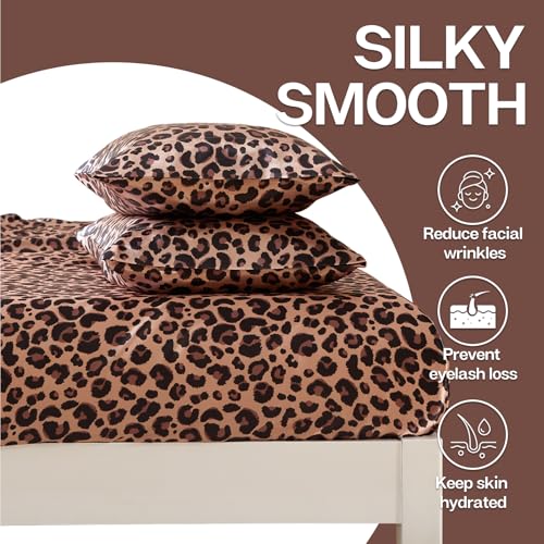 MR&HM Satin Fitted Sheet & Pillowcase Set Queen Size, 3-Piece Silky Soft Bedding with 15" Deep Pocket, Reinforced Elastic Corner Straps to Prevent Slipping Off Mattress, Brown Leopard MR&HM