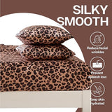 MR&HM Satin Fitted Sheet & Pillowcase Set Queen Size, 3-Piece Silky Soft Bedding with 15" Deep Pocket, Reinforced Elastic Corner Straps to Prevent Slipping Off Mattress, Brown Leopard MR&HM