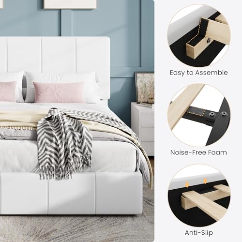 SHA CERLIN Full Size Bed Frame, Velvet Upholstered Platform Bed, Vertical Channel Tufted Adjustable Headboard, Low Profile Bed Frame, No Box Spring Needed, Easy Assembly, White SHA CERLIN