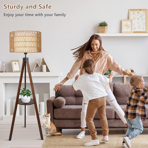 LAMSU Boho Tripod Floor Lamp with Shelves, Mid Century Wood Standing Lamp with Rattan & Fabric Shades, ON/Off Foot Switch, Modern Farmhouse Tall Floor Lamps for Living Room Bedroom Office LAMSU