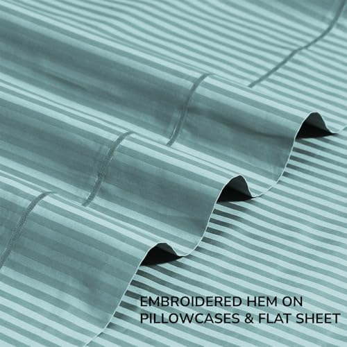 Feather & Stitch 500 TC King Size Bed Sheet Set, 100% Cotton Soft Breathable Bedsheets, 4 Piece 18" Deep Pockets Sateen Weave Striped Bedding Mattress Resort Hotel Luxury - (Granite Green Stripe) FEATHER & STITCH NEW YORK