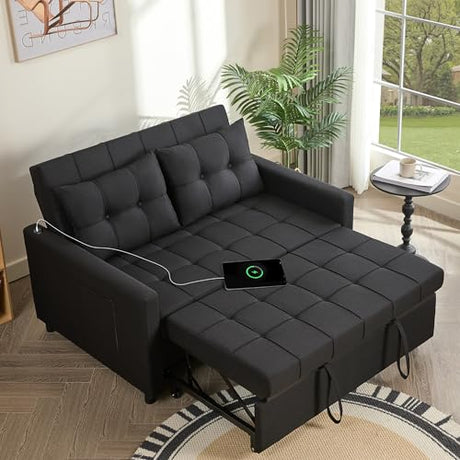 GOSUHI 52" Sleeper Sofa with Pull-Out Bed, 3-in-1 Convertible Sofa Bed, Set of Loveseat with Stepless Adjustable Backrest and Side Pocket, for Living Room Dorm Apartment, Linen, Black GOSUHI