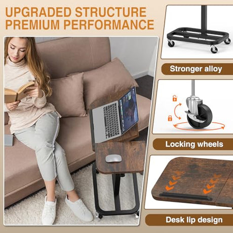 alentar Large-Size Portable Laptop Rolling Desk with Wheels, Adjustable Height and Tilt Top Stable Mobile Over-Bed Table for Home Use - Brown alentar