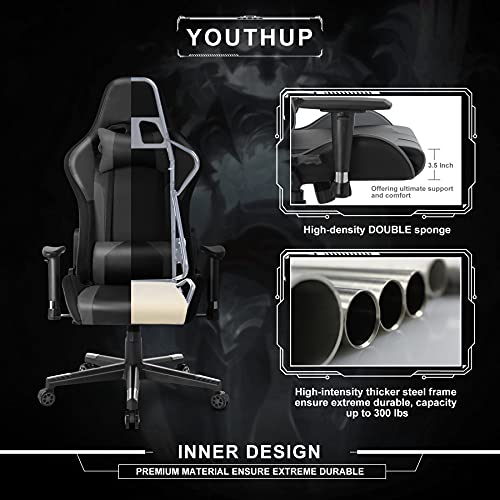 Gaming Chair with Speakers Video Game Chair with RGB LED Lights Ergonomic Racing Office Chair PU Leather Recliner Computer Chair Swivel E-Sports Chair with Lumbar Support Headrest Armrest, Black YOUTHUP