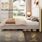 LUXOAK Distressed White Farmhouse Queen Bed Frame with 49" Tall Headboard and Hidden Metal Support LUXOAK