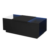 Merax Led Coffee Table with Open Storage Compartment and 2 Hidden Drawers, Modern Center Table with High-Gloss Finish and Glass Tabletop for Living Room, Black Merax