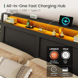 LARMACE King Size Bed Frame with Storage Drawers and Ergonomic Headboard,2-Tier Hidden Storage,Wooden Platform Bed Frame with Charging Station and LED Lights,No Box Spring Needed,Easy Assembly,Black LARMACE