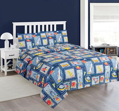 Comfy Deal Hight Thread Count Super Soft Microfiber Kid Breathable Bed Sheet Set with Pillowcase, Flat and Fitted Sheet (Twin, Spaceship & Planet) Comfy Deal