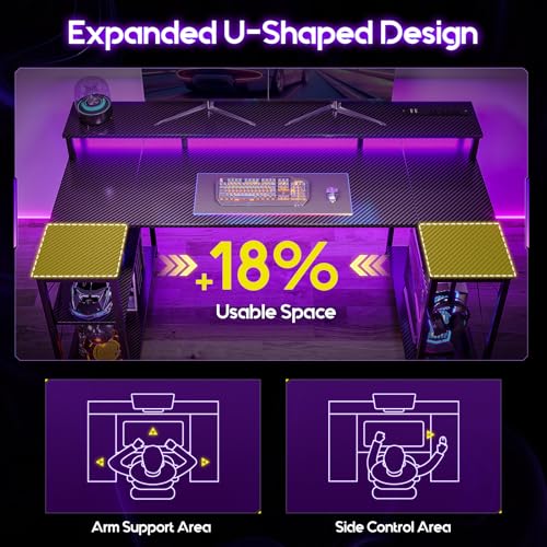 ODK 55 Inch Gaming Desk with LED Lights and Power Outlet, U-Shaped Computer Desk with Monitor Stand and Storage Shelves, PC Gamer Table for Home Office, Carbon Fiber Black ODK