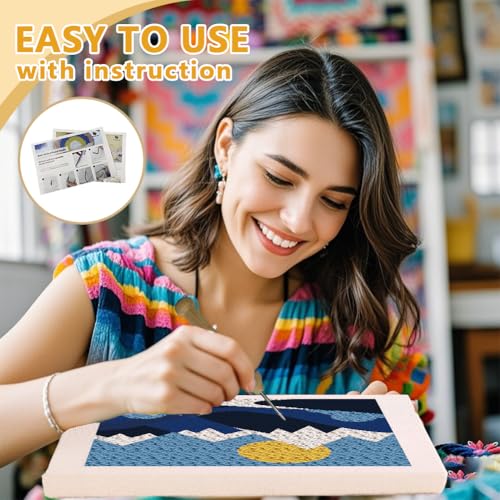 DOODLREAM Mountains DIY Punch Needle Embroidery Kit for Adult Beginner, 9.4" Landscape Sunrise Punch Stitching Craft Set for Starter with Frame, Fabric Pattern, Threader, Yarn, Pinch Needle