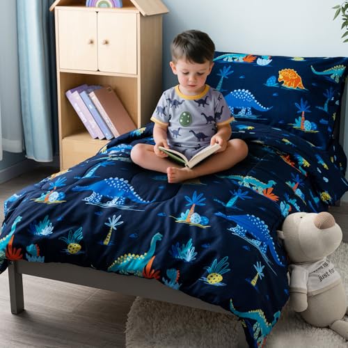 david's kids 4 Piece Toddler Bedding Set - Soft Breathable Toddler Bedding Set for Boys Girls, Includes Quilted Comforter, Flat Sheet, Fitted Sheet and Pillowcase, Dinosaur Navy david's kids